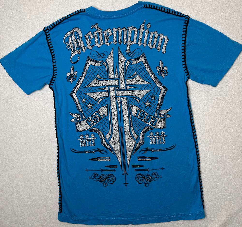 Y2K Raw State Redemption Cross Graphic V Neck Tee Men’s Large Blue